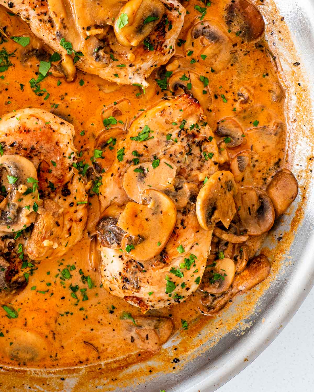creamy parmesan chicken and mushrooms in a skillet.