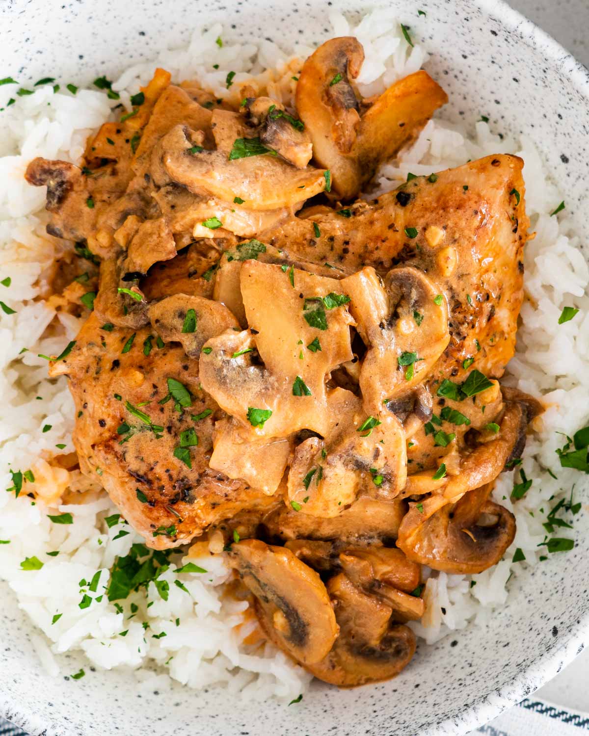 overhead shot of creamy parmesan chicken and mushrooms over a bed of rice.