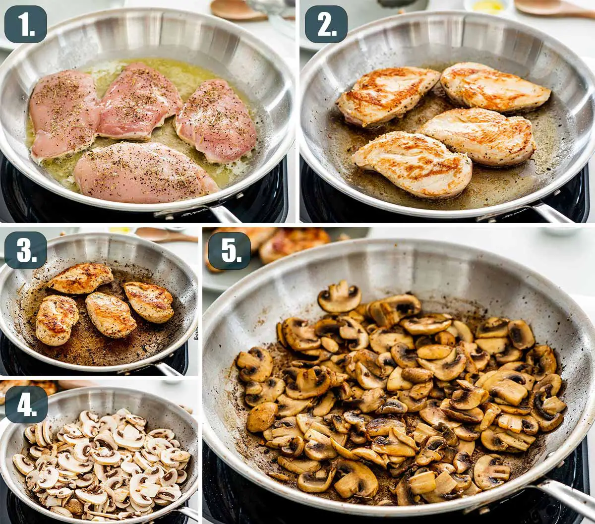 process shots showing how to make creamy parmesan chicken and mushrooms.