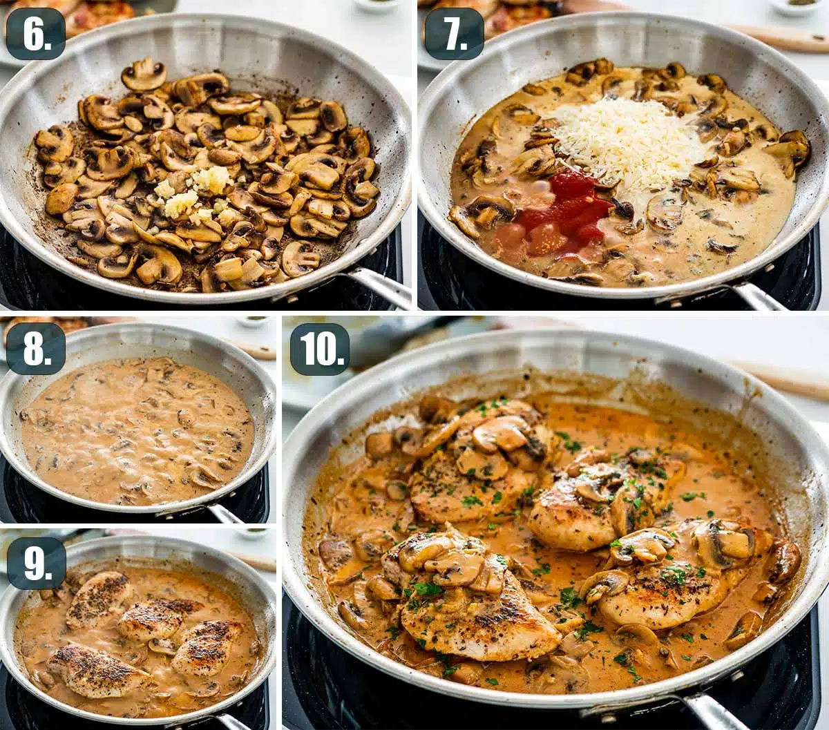 process shots showing how to finish creamy parmesan chicken and mushrooms.