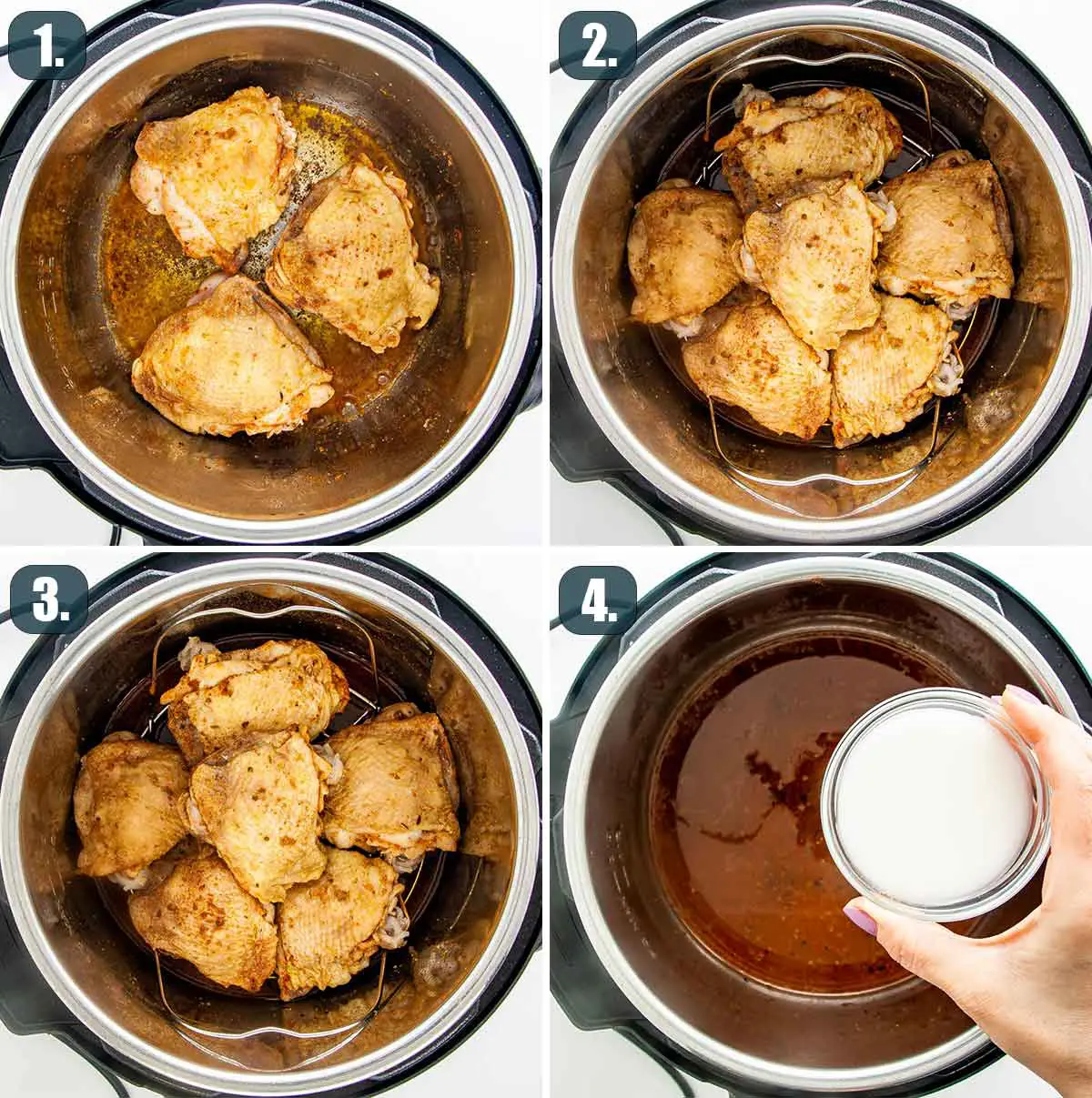 detailed process shots showing how to make chicken thighs in the instant pot.