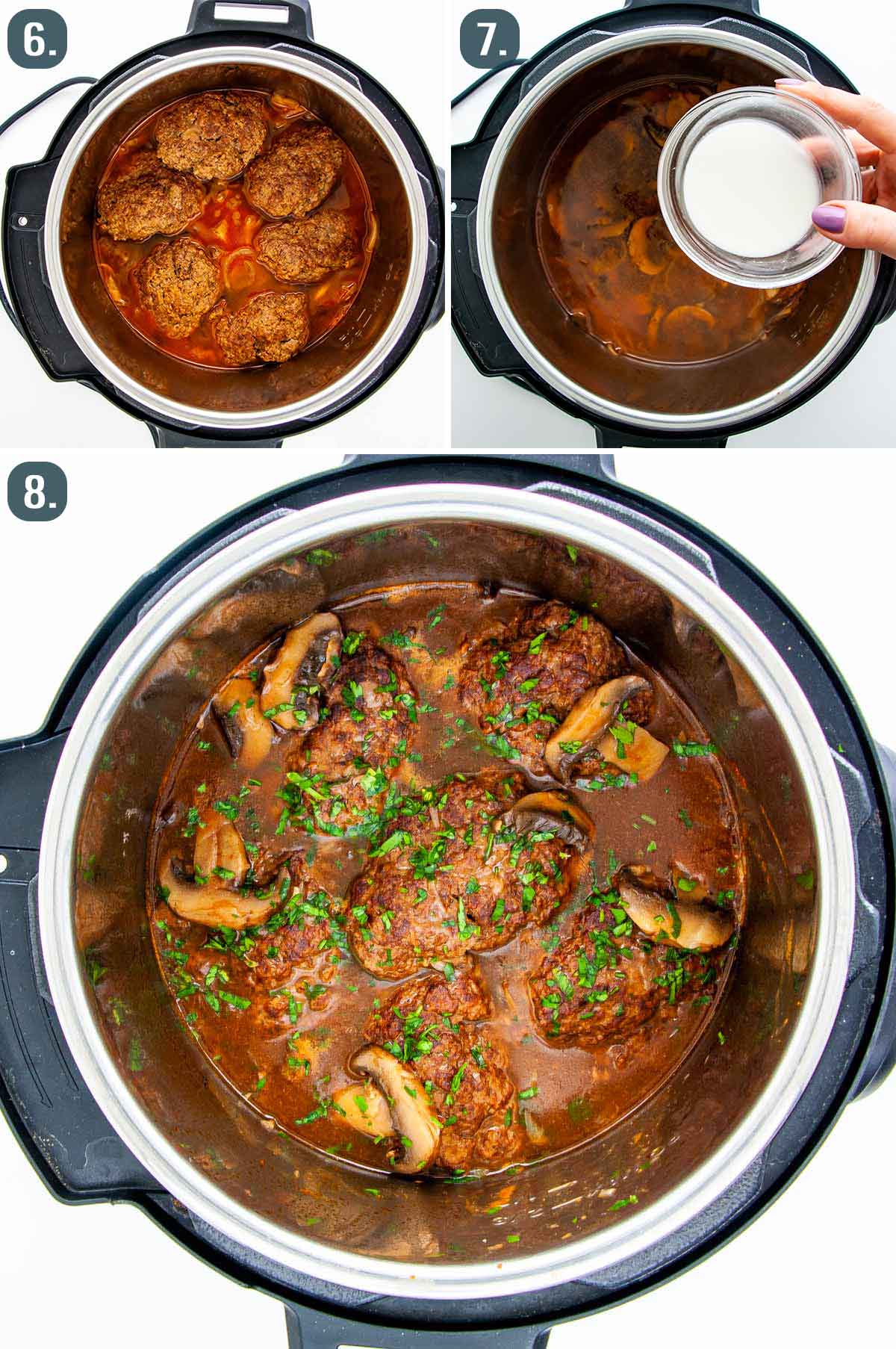 process shots showing how to thicken sauce for instant pot salisbury steak.