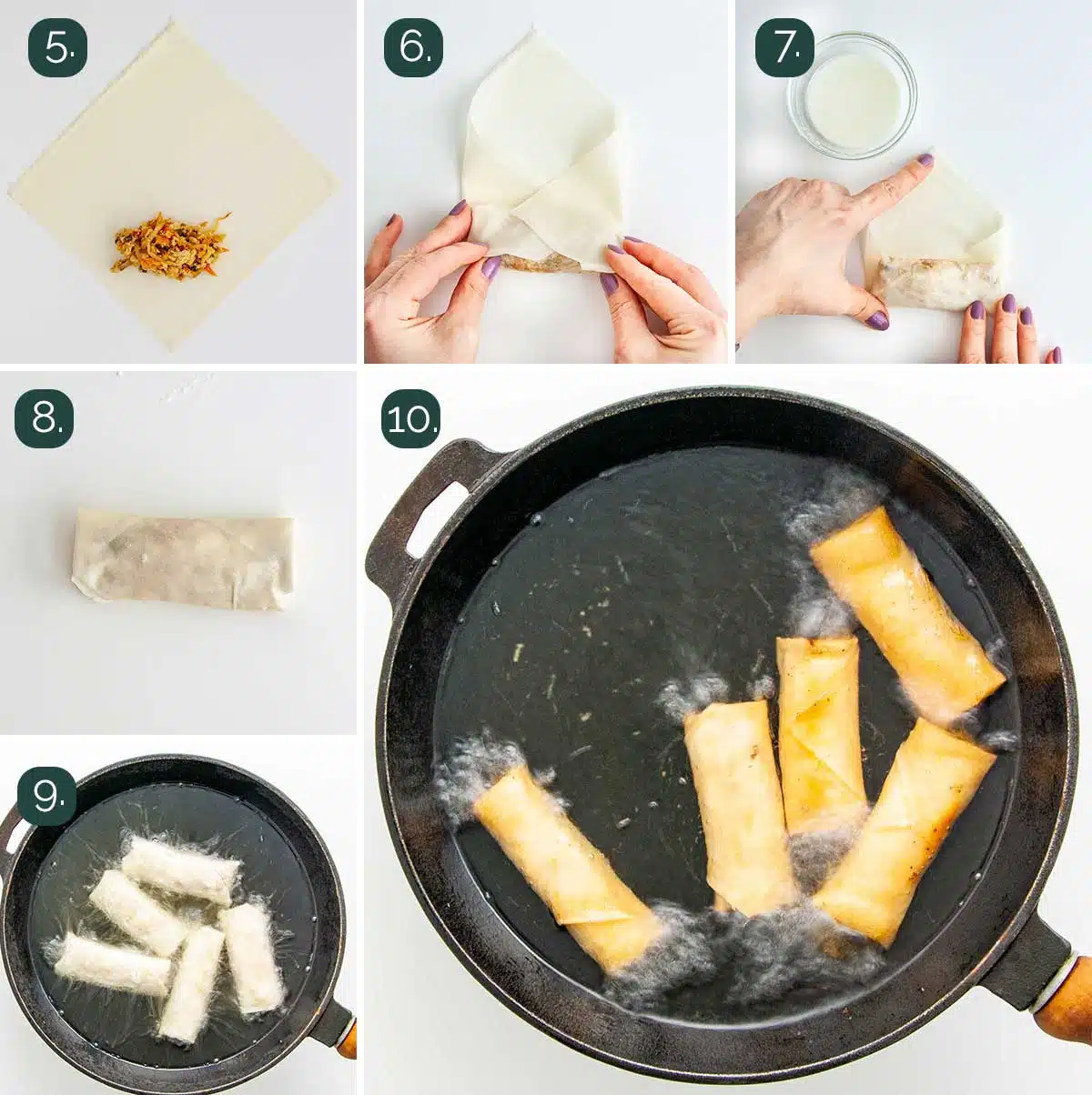 process shots showing how to fold spring rolls and fry them.