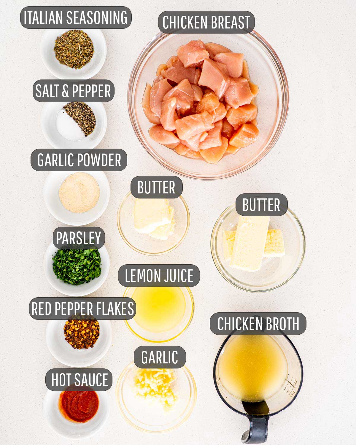ingredients needed to make garlic butter chicken bites.