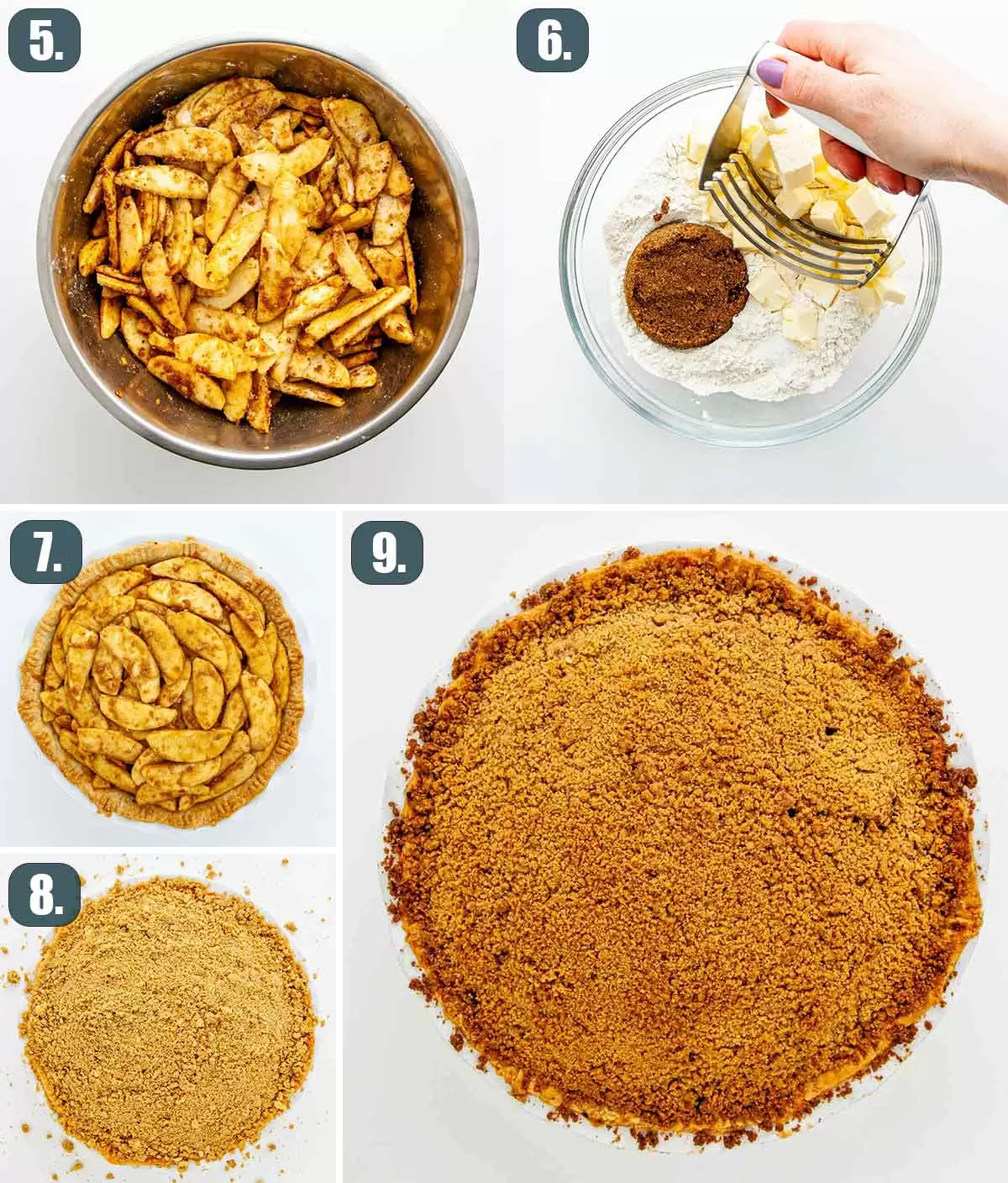 process shot showing how to assemble a dutch apple pie and bake it.