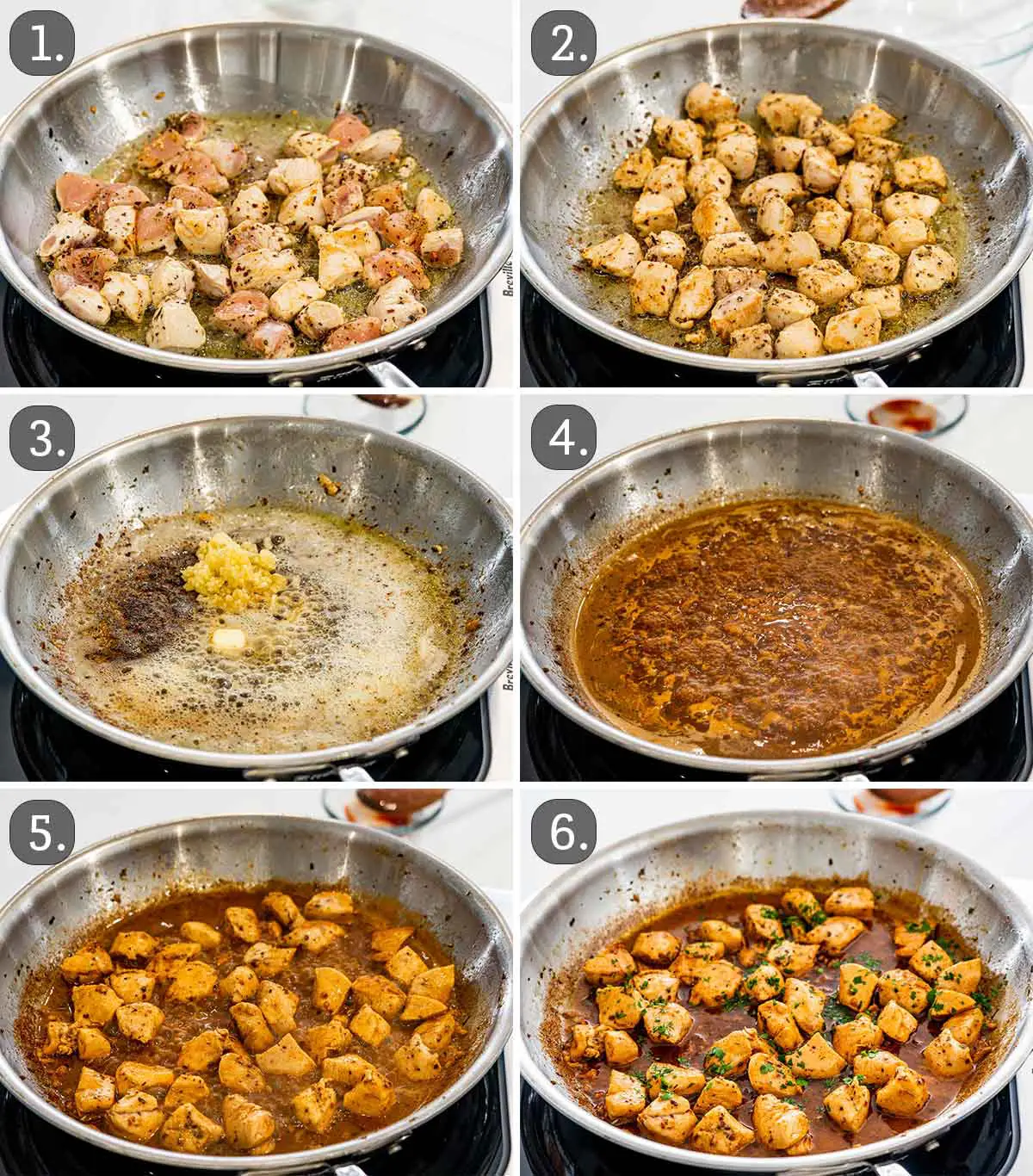 detailed process shots showing how to make garlic butter chicken bites.