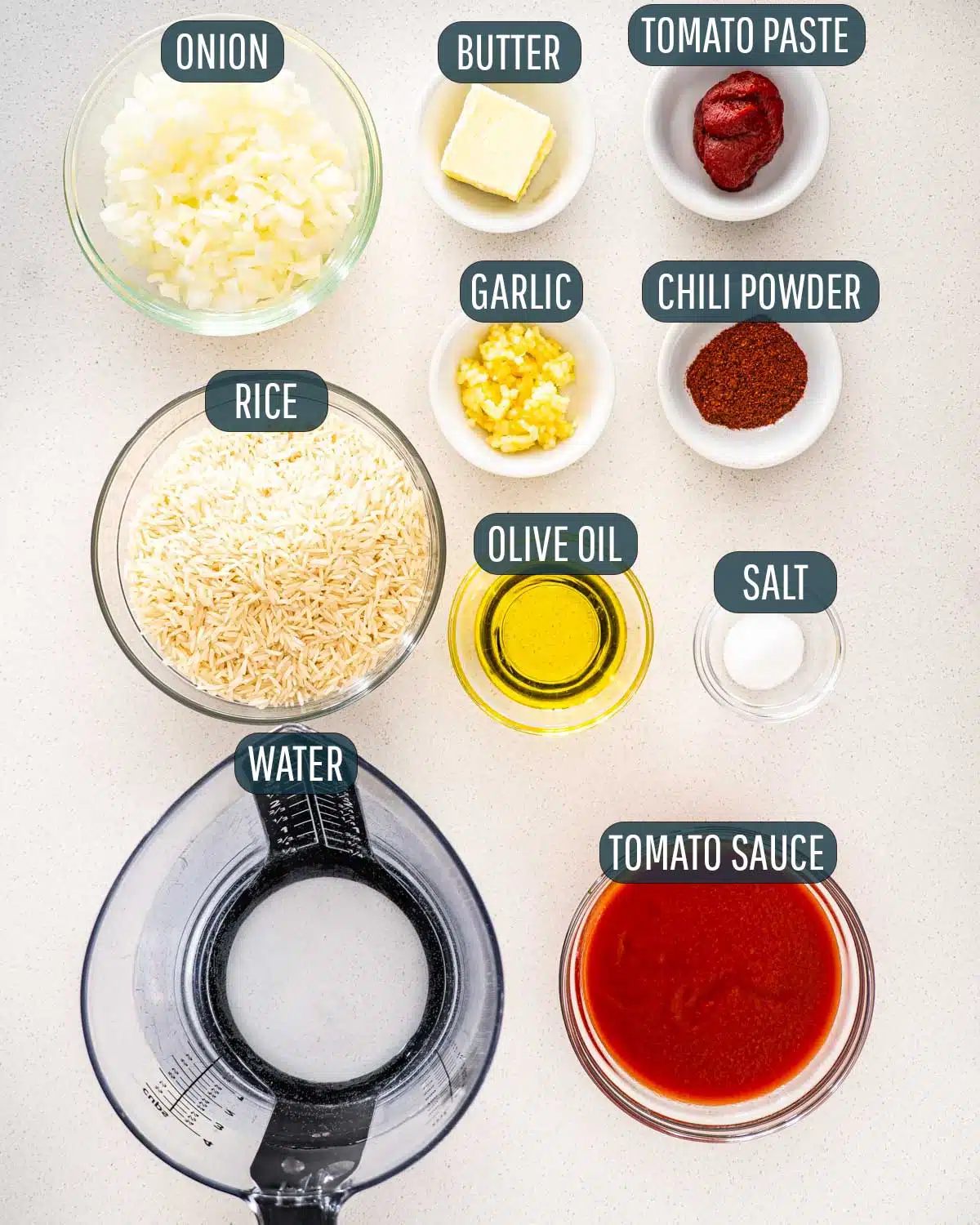 overhead shot of ingredients needed to make mexican rice.