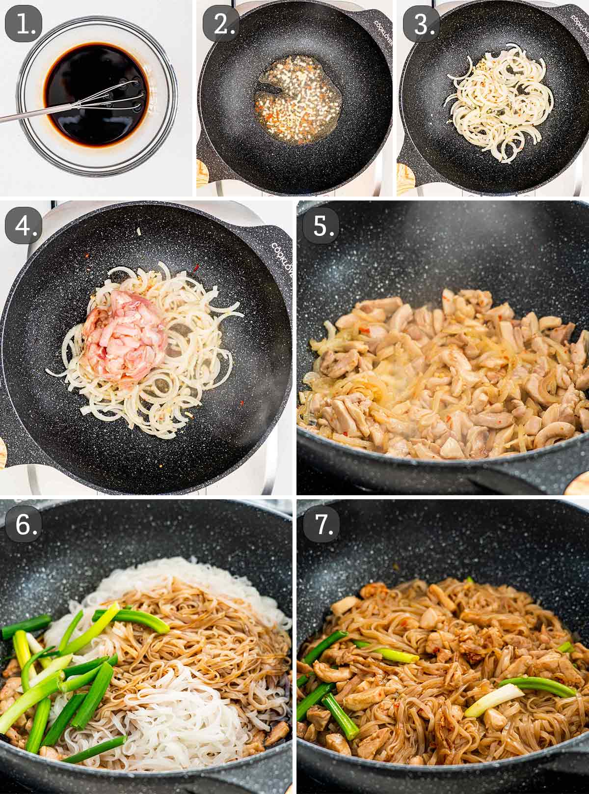 detailed process shots showing how to make thai drunken noodles.
