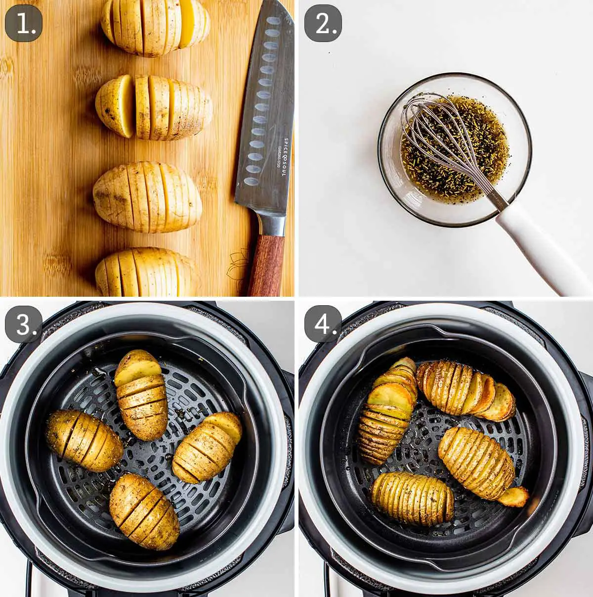 process shots showing how to make hasselback potatoes in the air fryer.