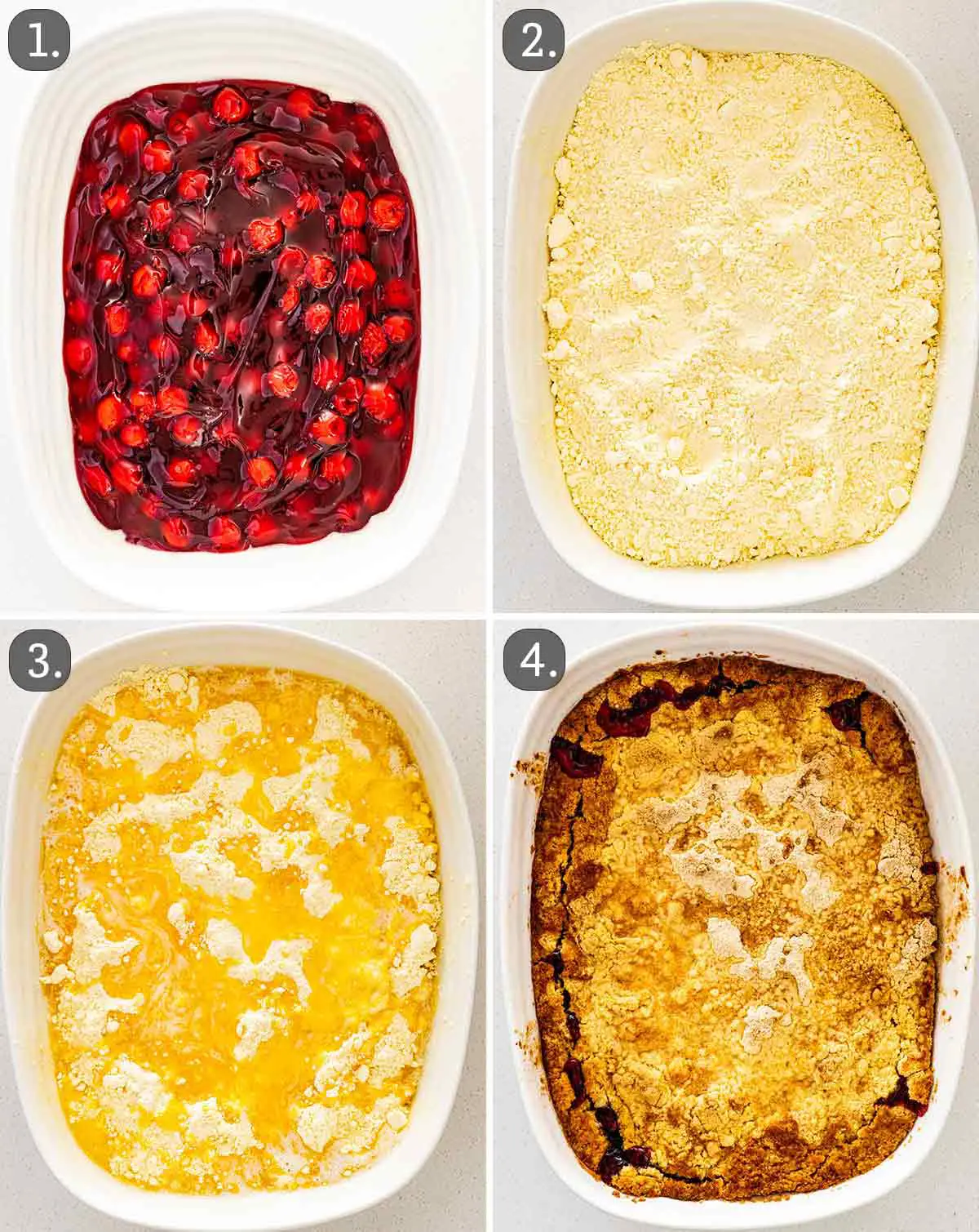 process shots showing how to make cherry dump cake.