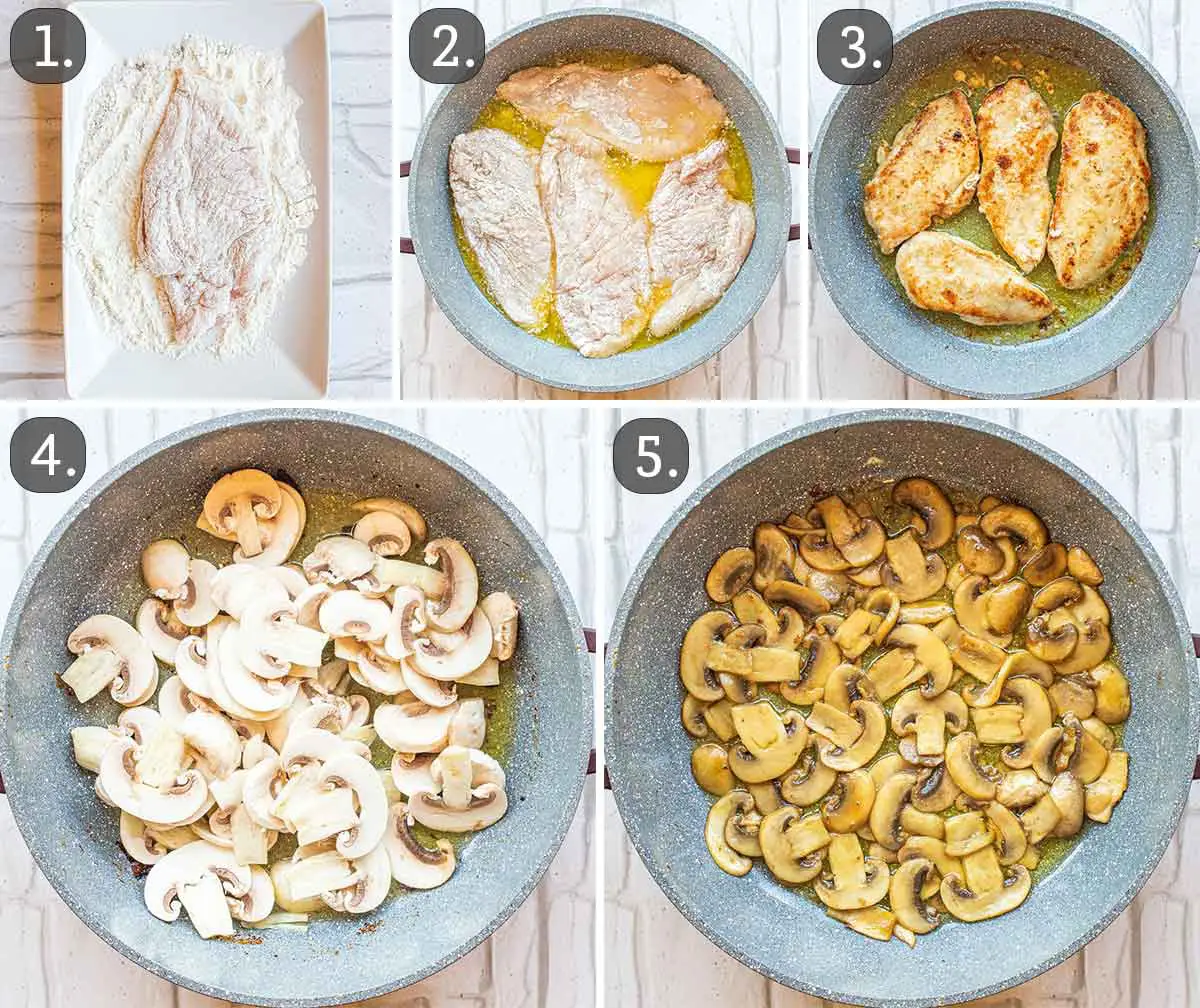 process shots showing how to cook chicken and mushrooms for chicken marsala.