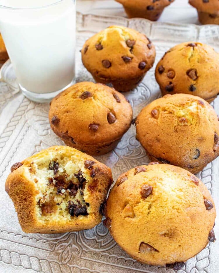 6 chocolate chip muffins on a plate with a glass of milk.