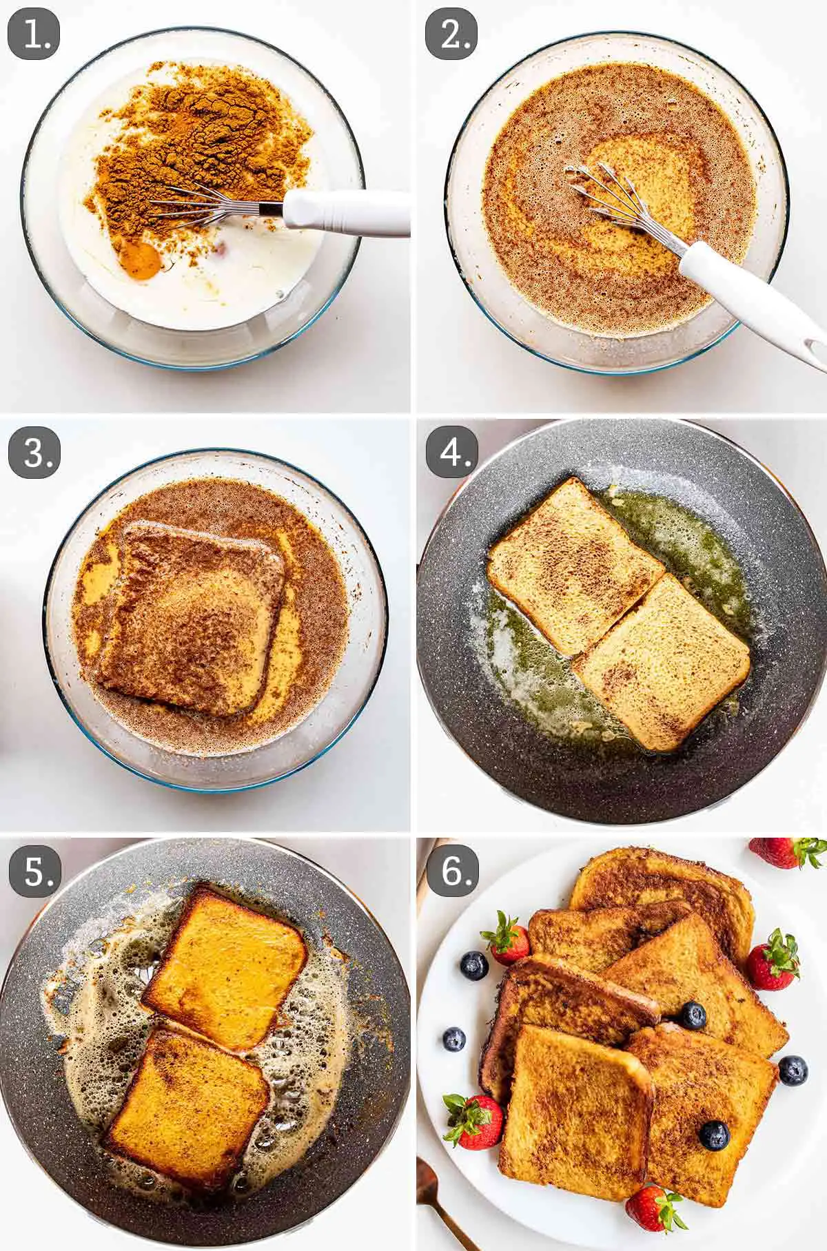 detailed process shots, showing how to make french toast.