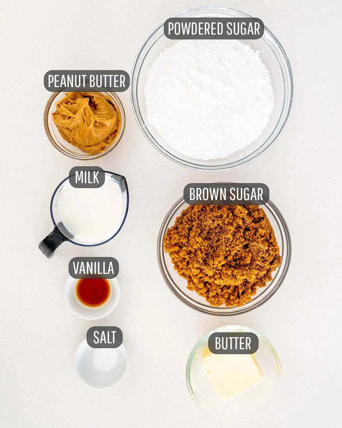 overhead shot of all the ingredients needed to make peanut butter fudge.