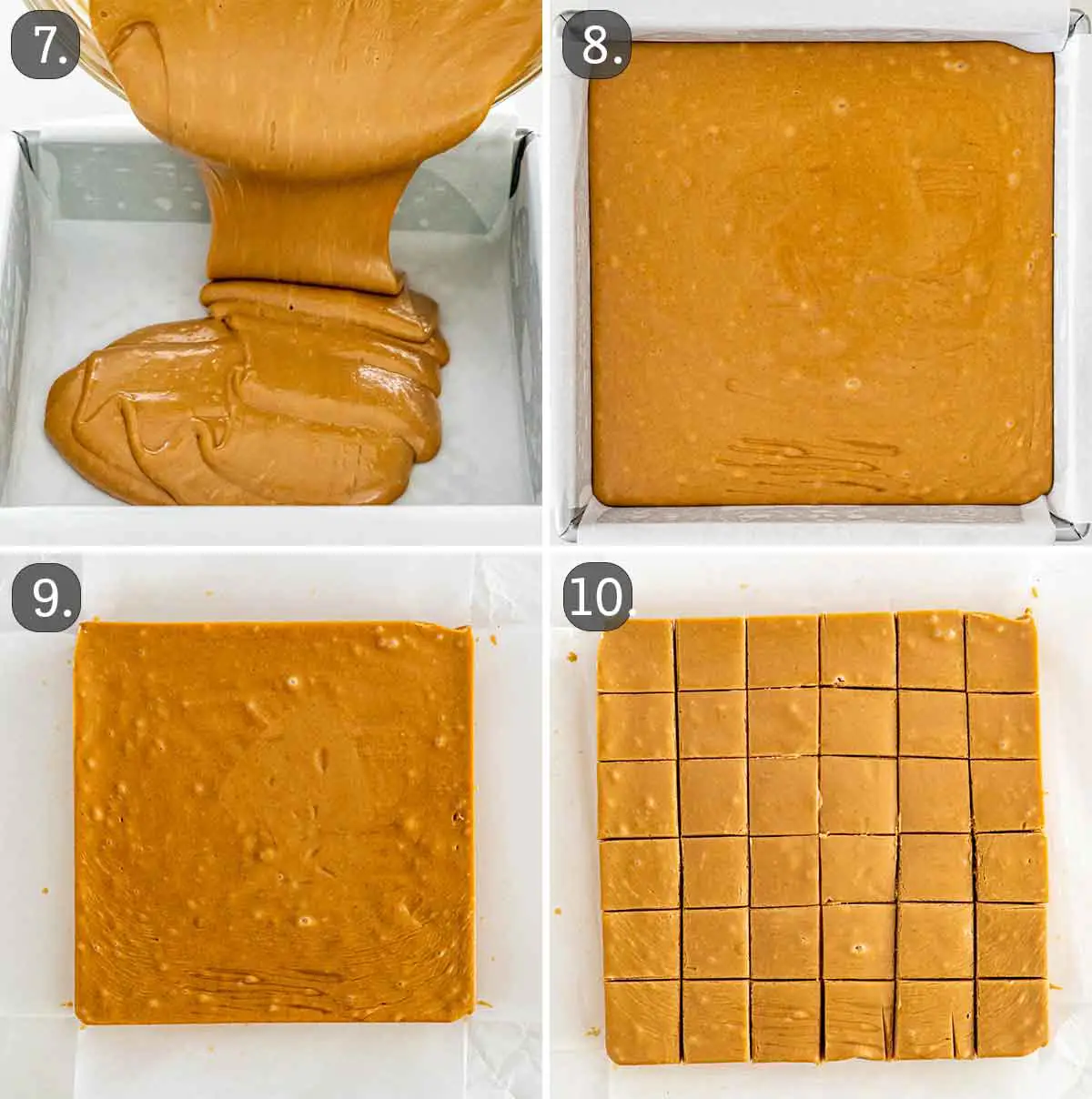 process shots showing how to pour fudge, set it and cut into pieces.