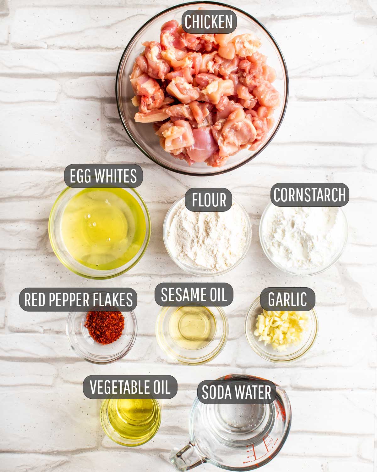 overhead shot of ingredients needed to make sesame chicken.