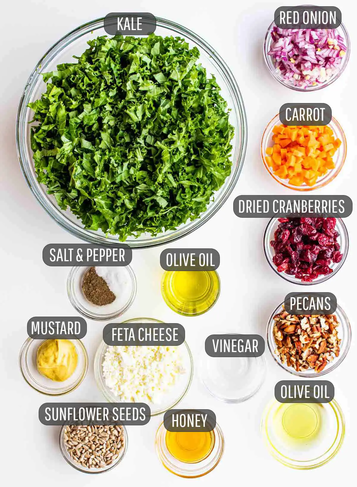 overhead shot of ingredients needed to make kale salad.