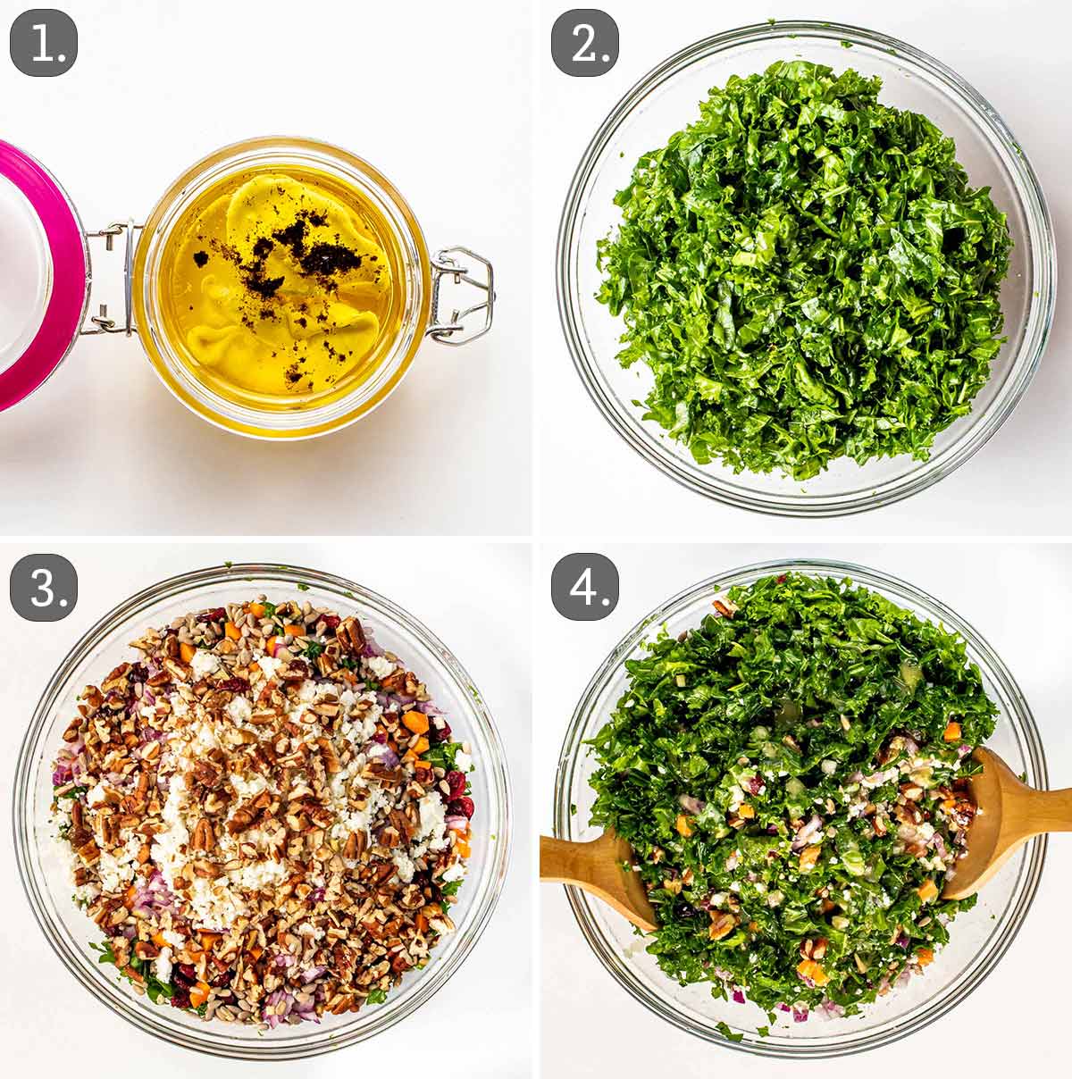detailed process shots showing how to make kale salad.