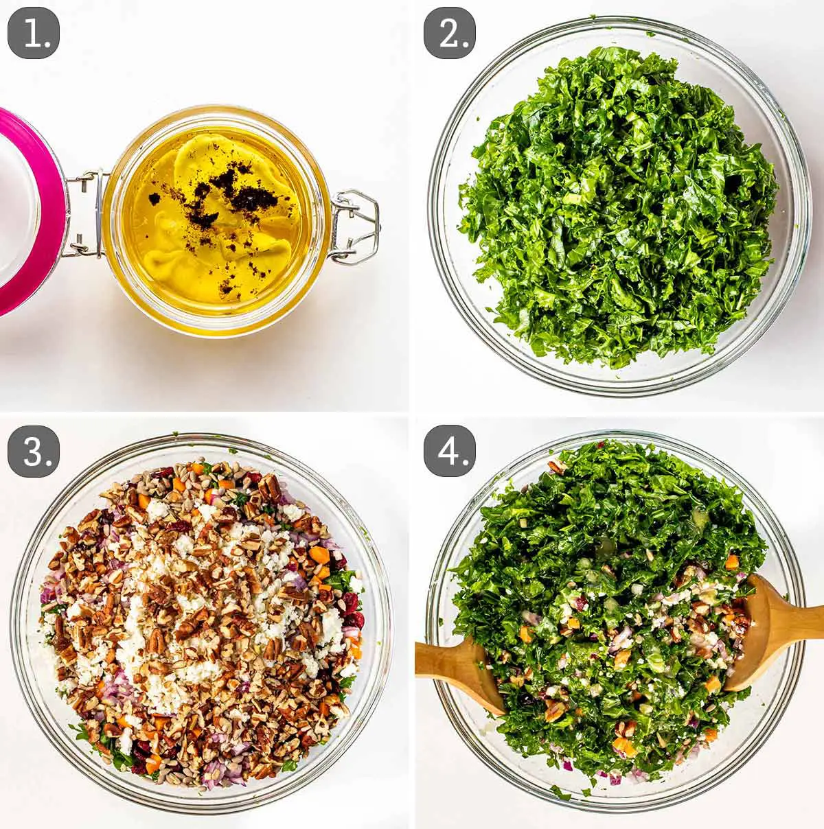 detailed process shots showing how to make kale salad.