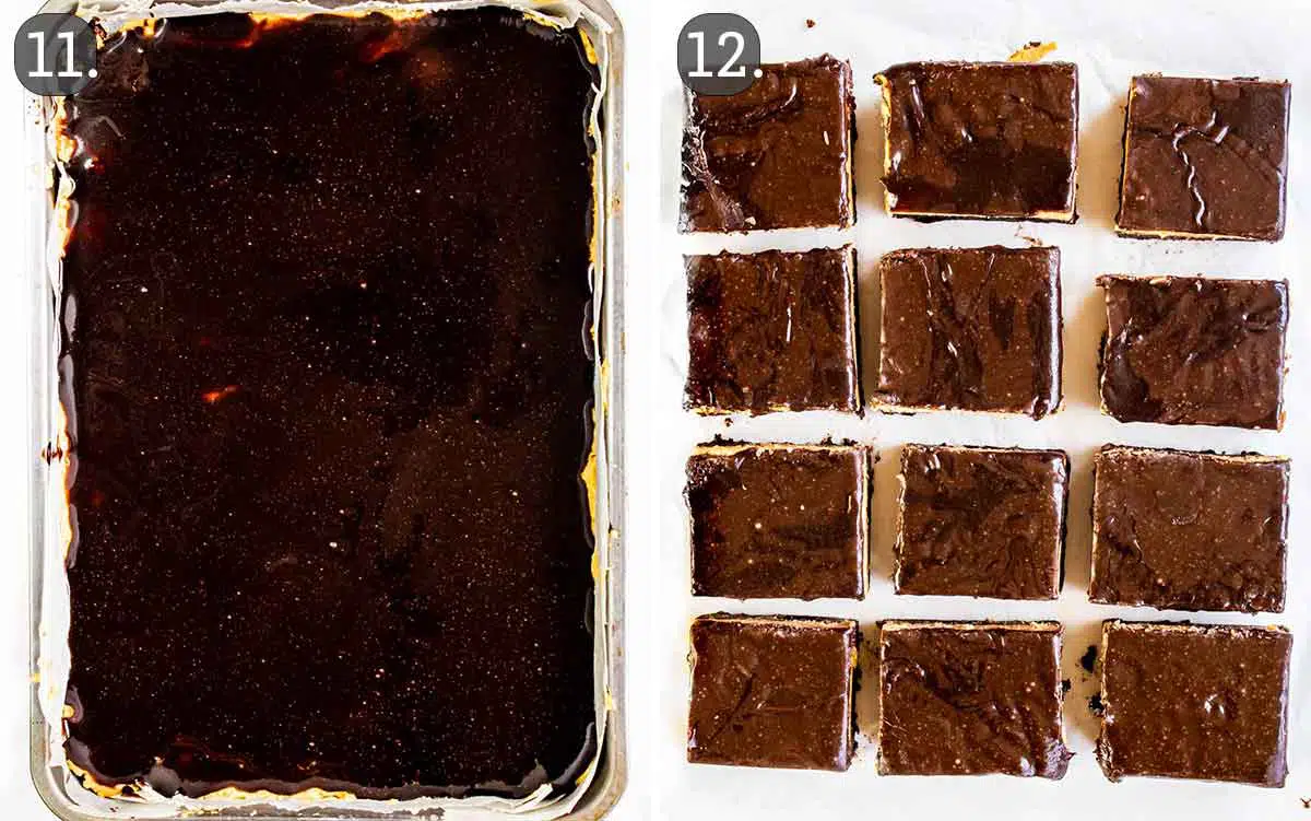 peanut butter brownies before and after cutting it in squares.