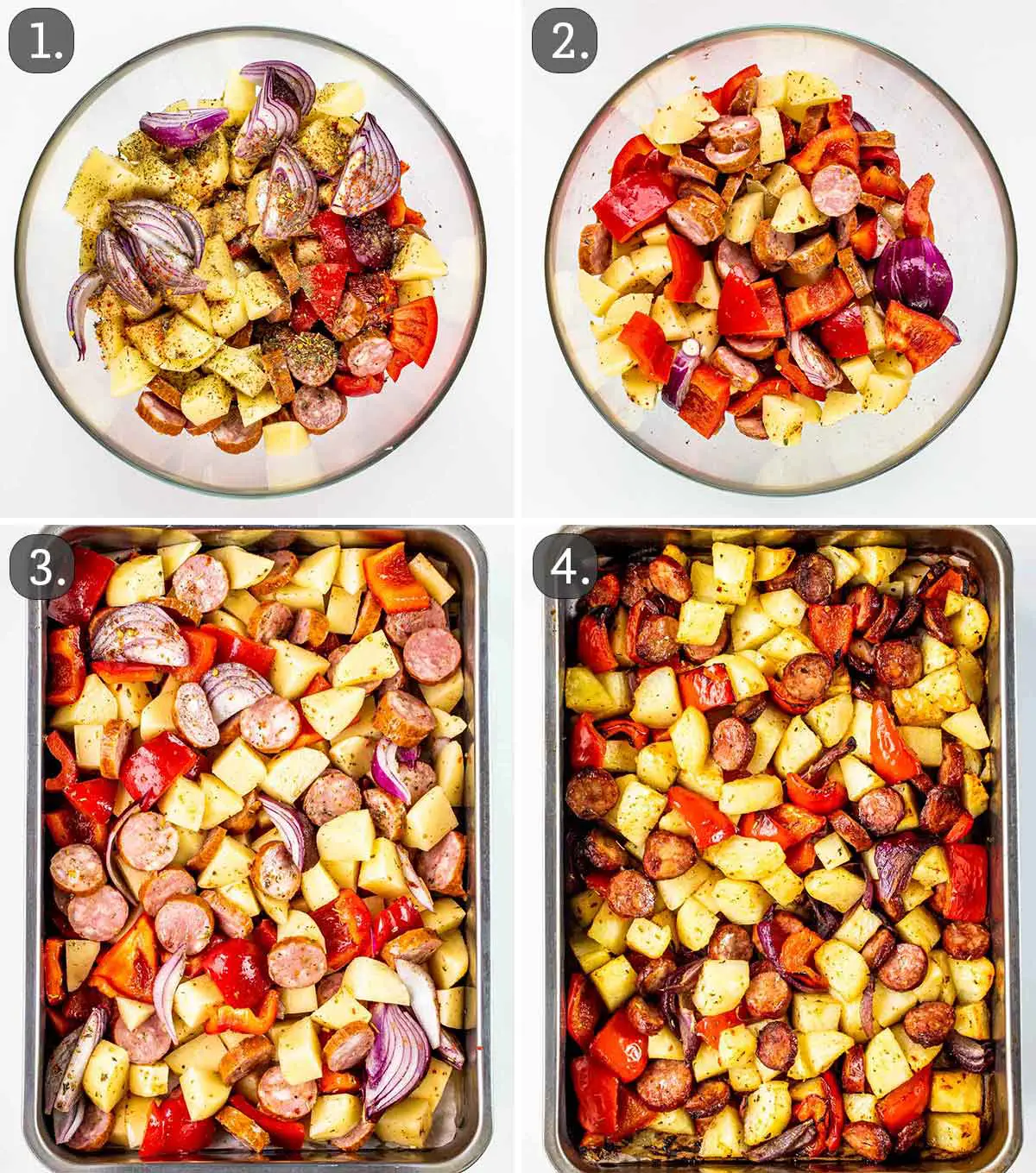 process shots showing how to make roasted sausage and potatoes.