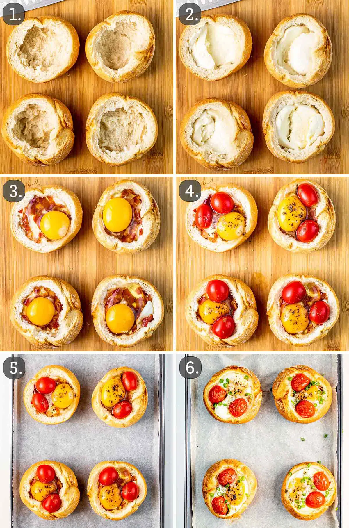 detailed process shots showing how to make eggs and bacon breakfast bowls.
