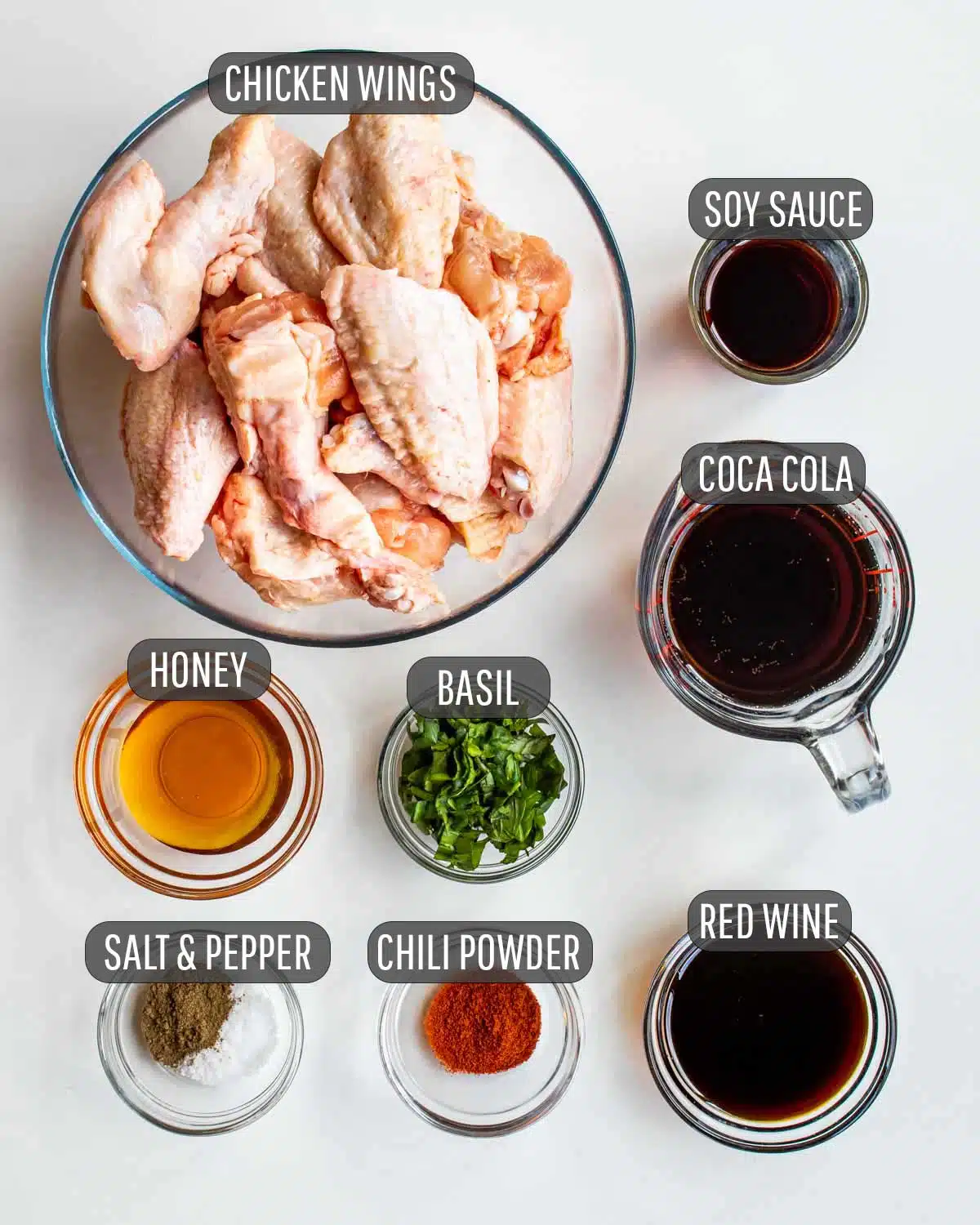 overhead shot of ingredients needed to make coca cola wings.