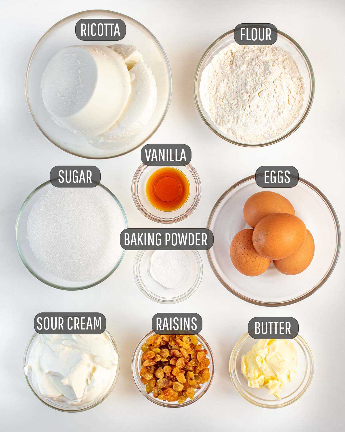 overhead shot of ingredients needed to make ricotta cheesecake.