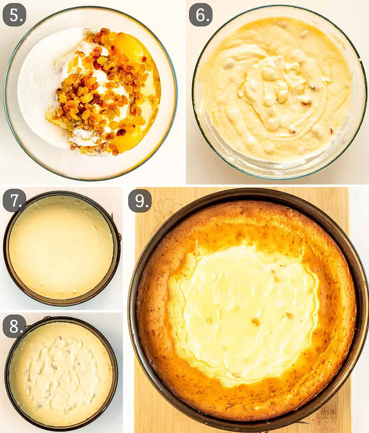 process shots showing how to make ricotta cheesecake.