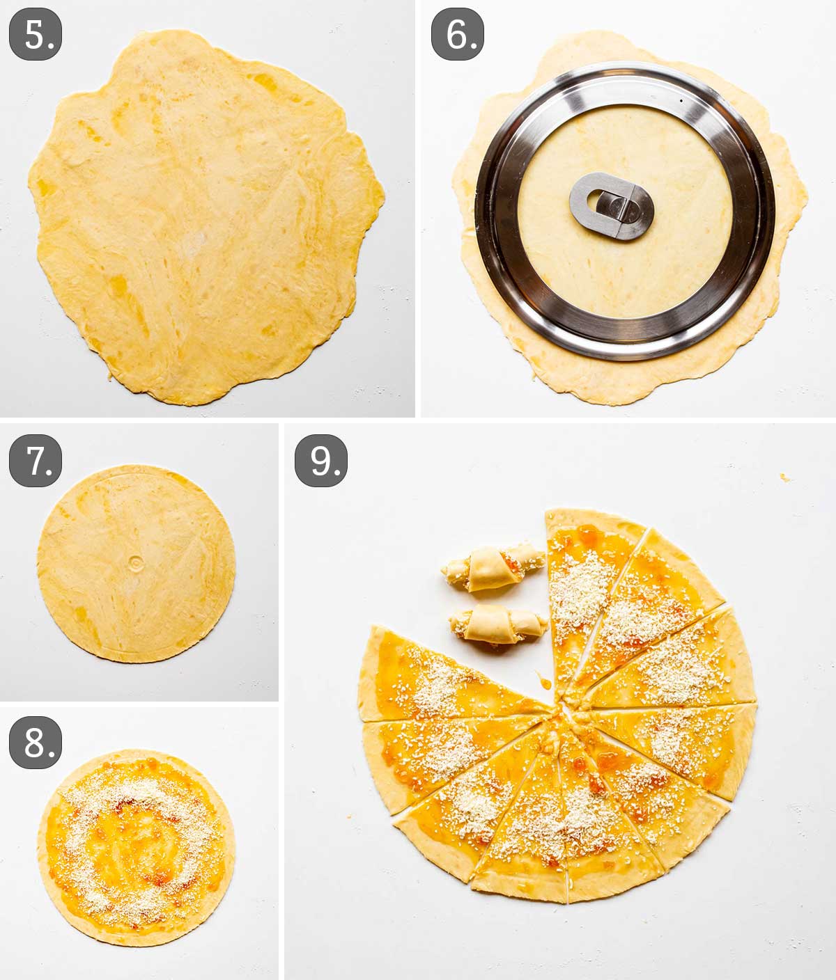 detailed process shots showing how to shape rugelach cookies.