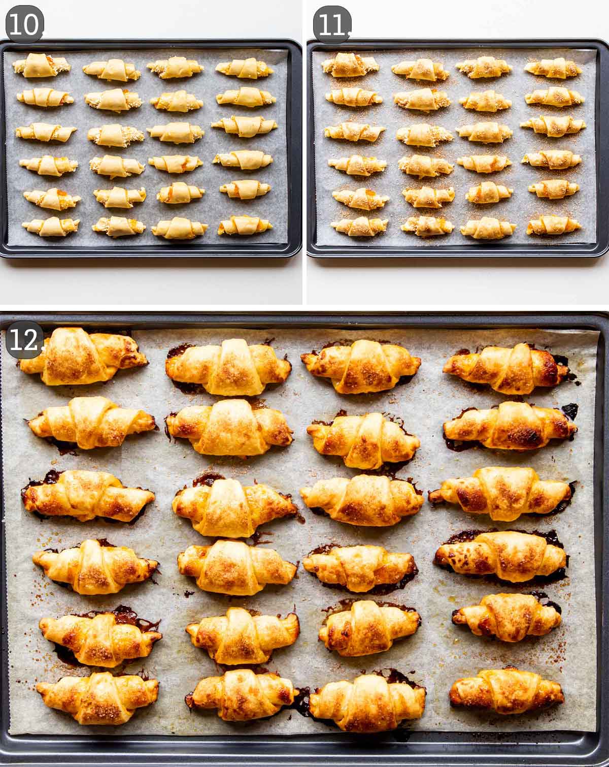 before and after baking shots of rugelach cookies on parchment paper.