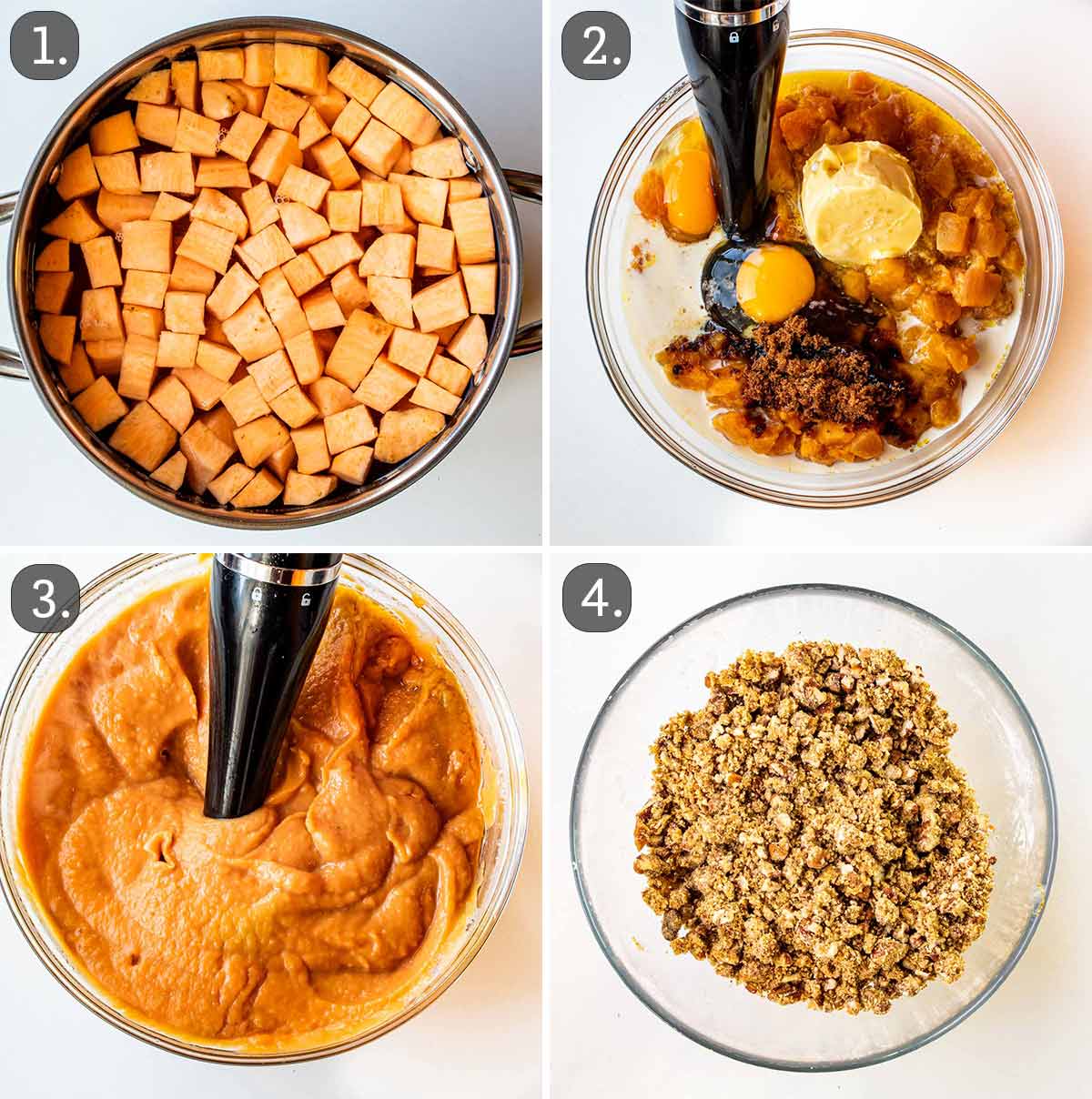 process shots showing how to make the filling for sweet potato casserole.