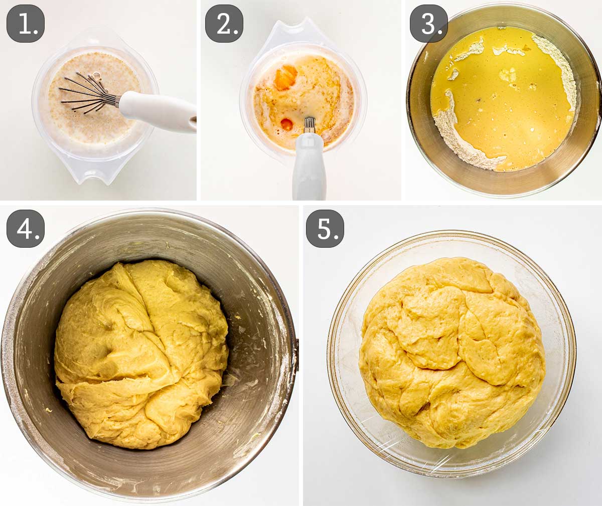process shots showing how to make dough for blueberry rolls.