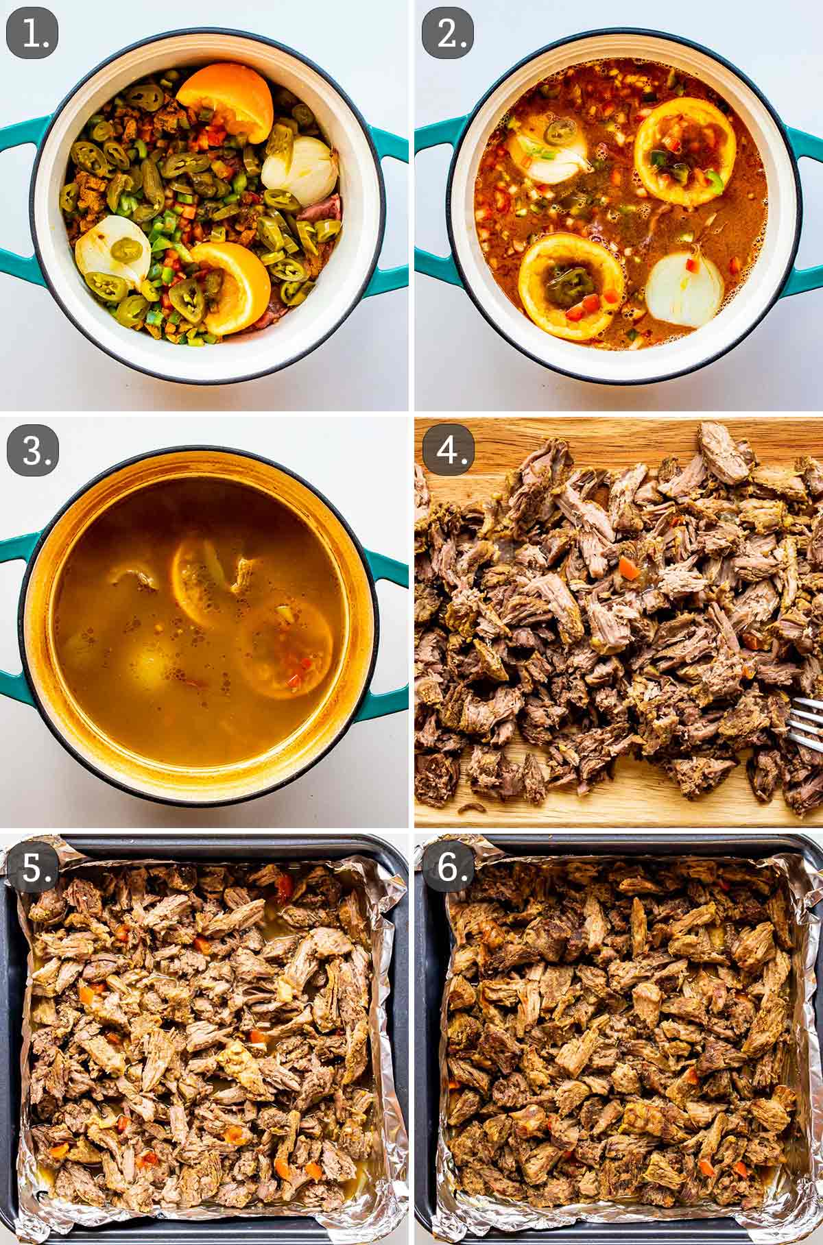 detailed process shots showing how to make beef carnitas.