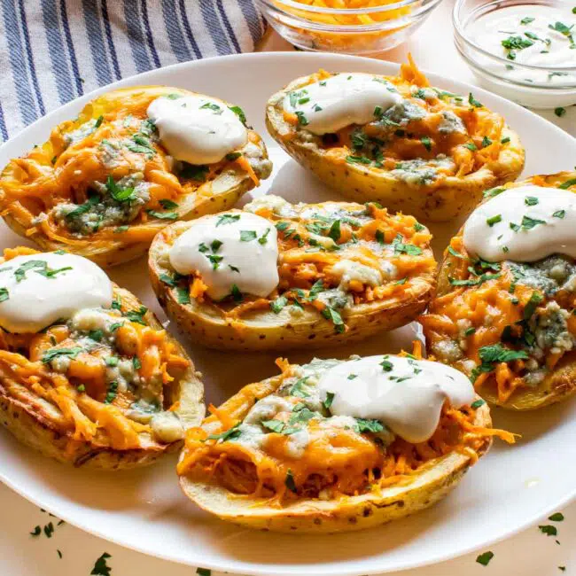 a white plate loaded with buffalo chicken potato skins.