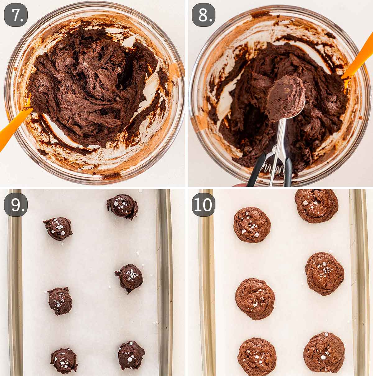 process shots showing how to finish making chocolate brownie cookies.