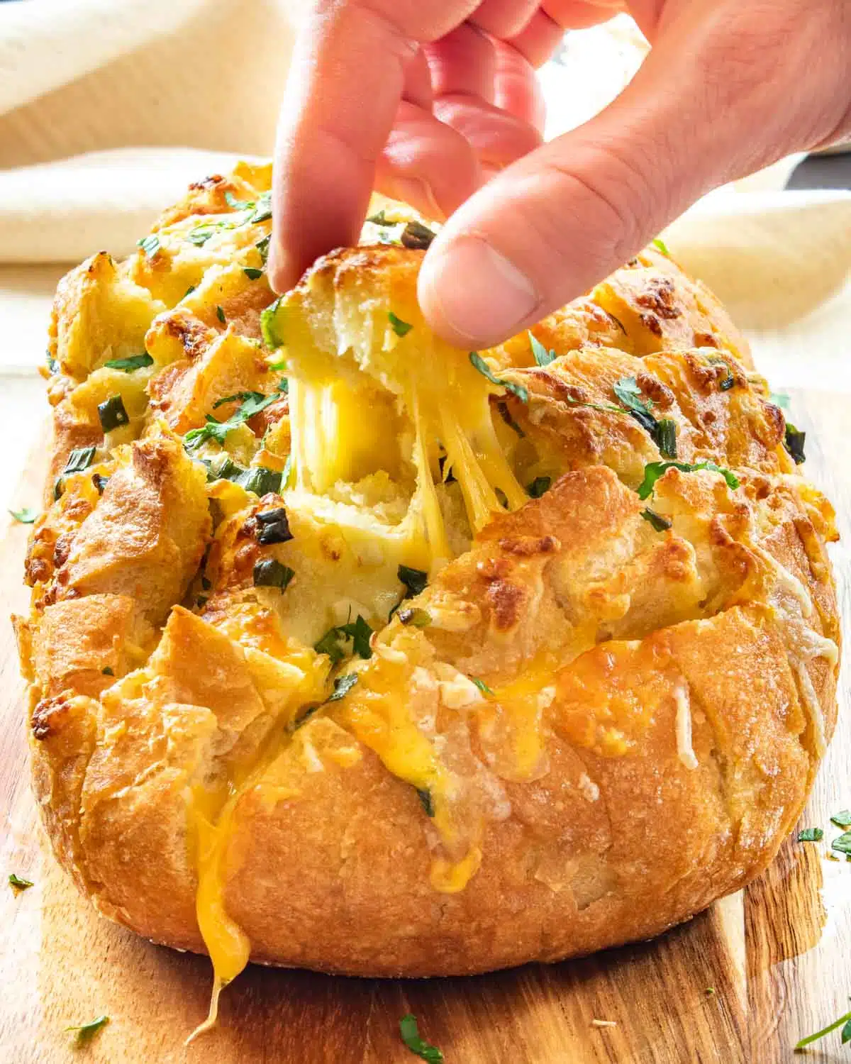 a head pulling a piece of cheesy bread from a pull apart bread.
