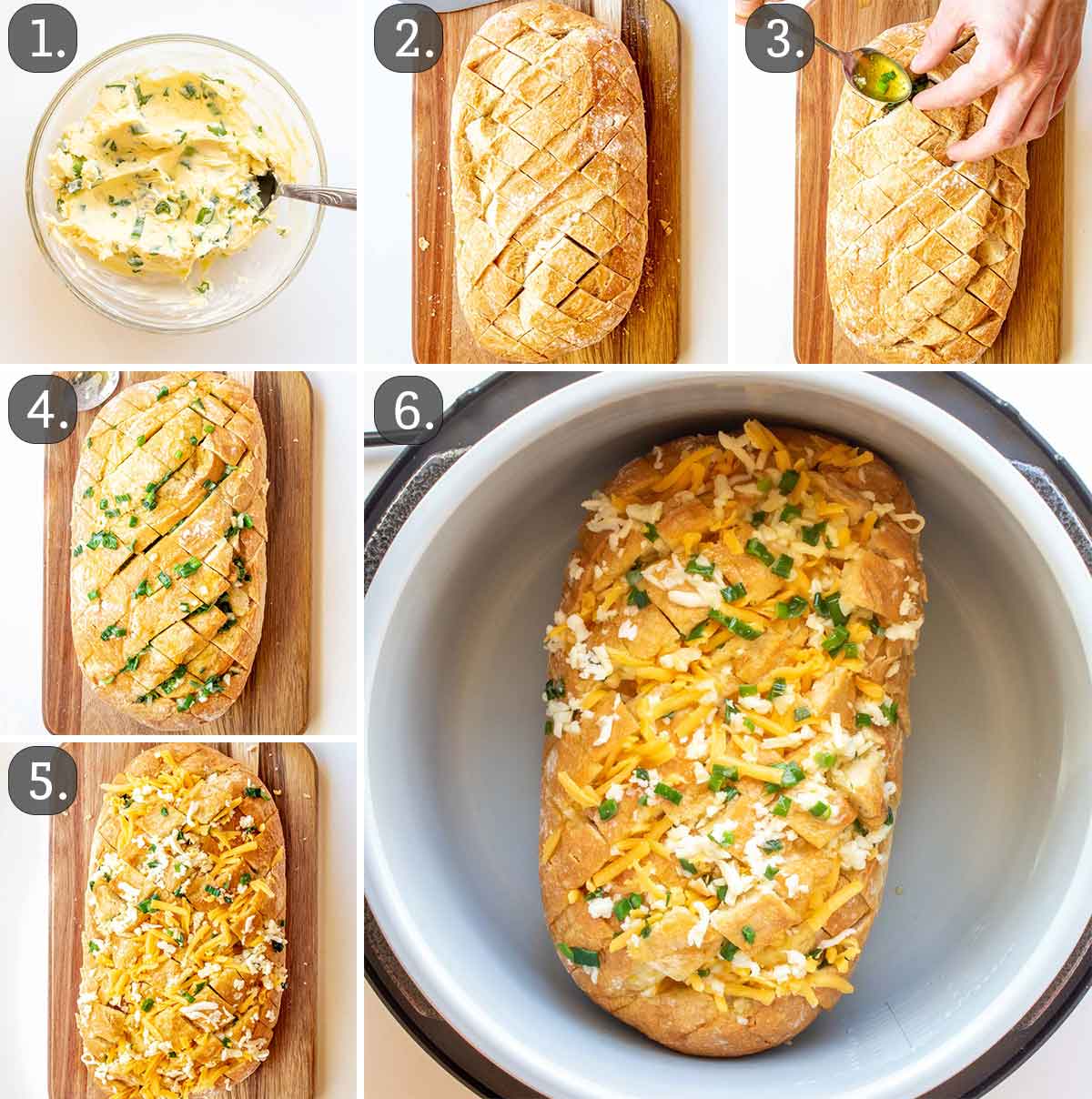 detailed process shots showing how to make air fryer cheese pull apart bread.