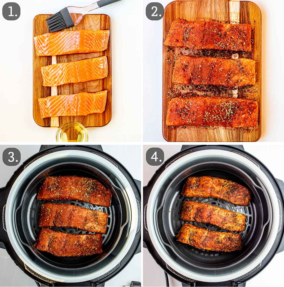 detailed process shots showing how to make air fryer salmon.