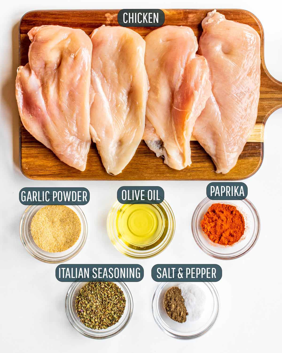 ingredients needed to season chicken breasts for making creamy herb chicken.
