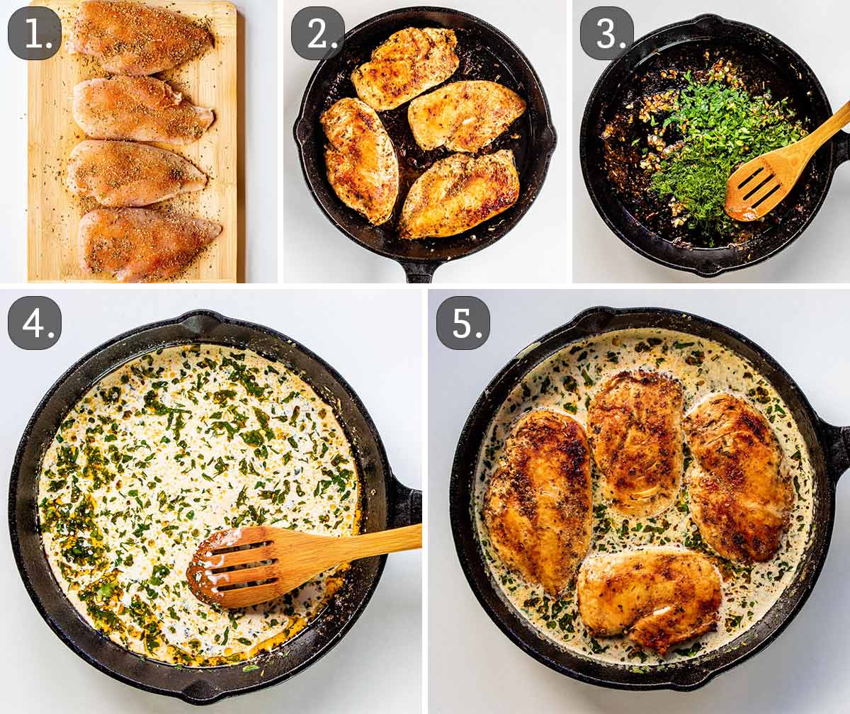 process shots showing how to make creamy herb chicken.