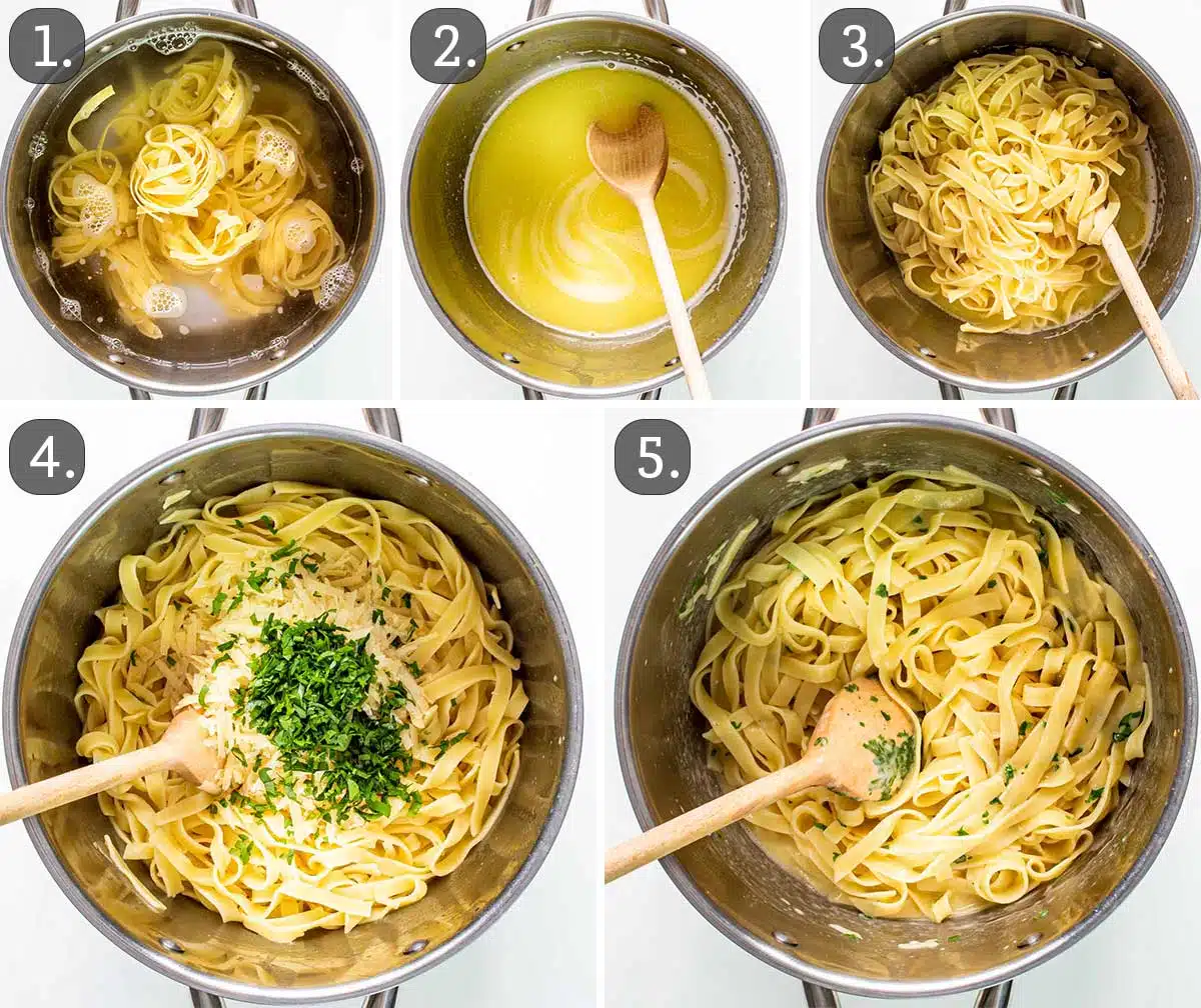 process shots showing how to make buttered noodles.