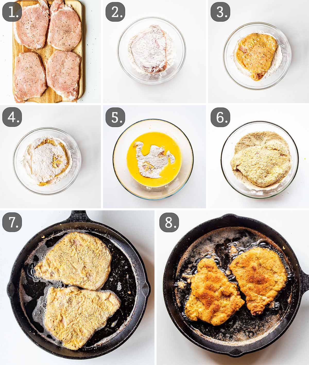 detailed process shots showing how to make fried pork chops.