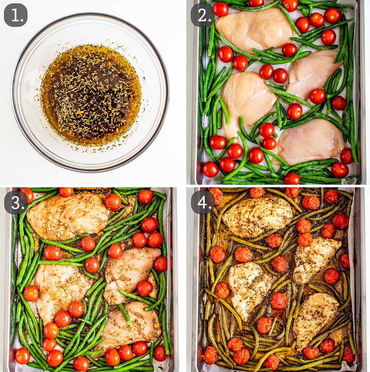 detailed process shots showing how to make italian chicken sheet pan dinner.