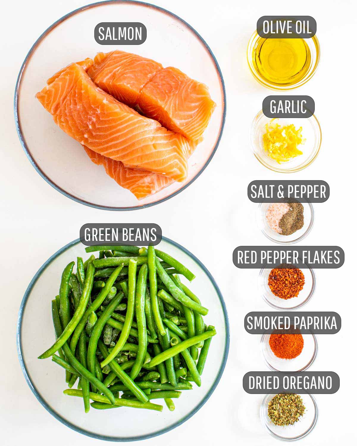 ingredients needed to make salmon green beans sheet pan dinner.
