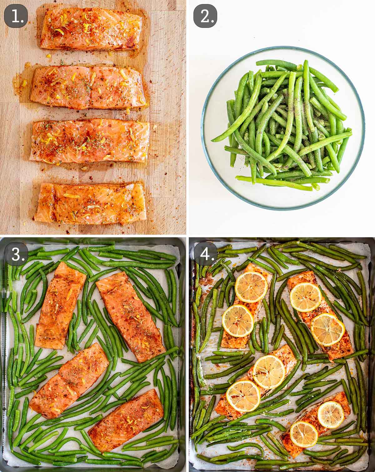 detailed process shots showing how to make salmon and green beans on a sheet pan.