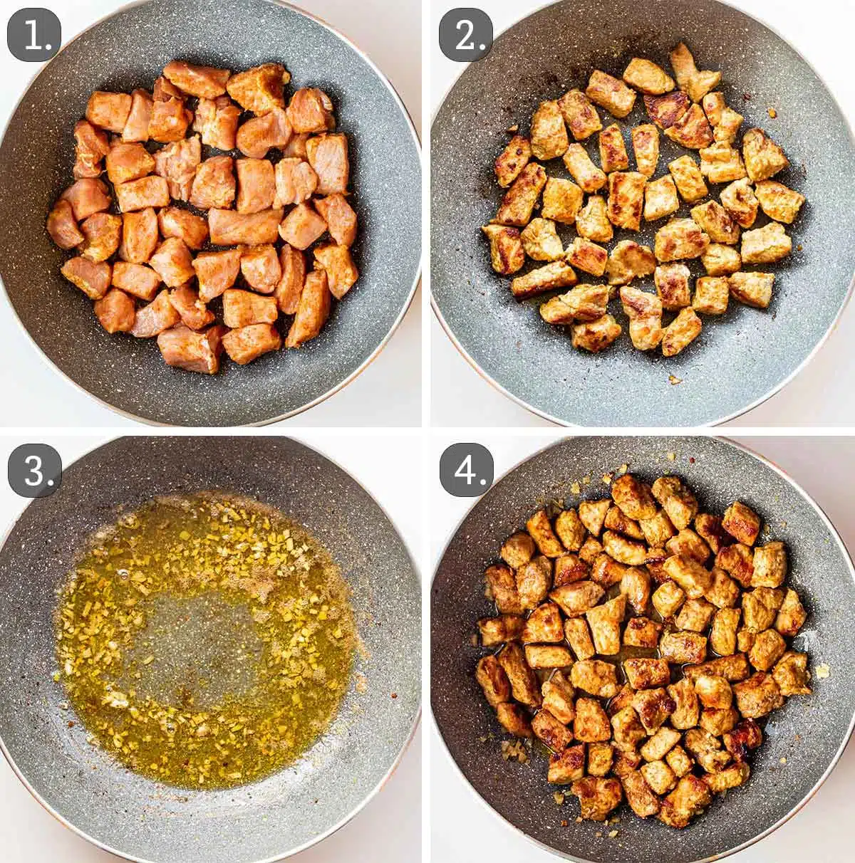 detailed process shots showing how to make cajun pork bites.