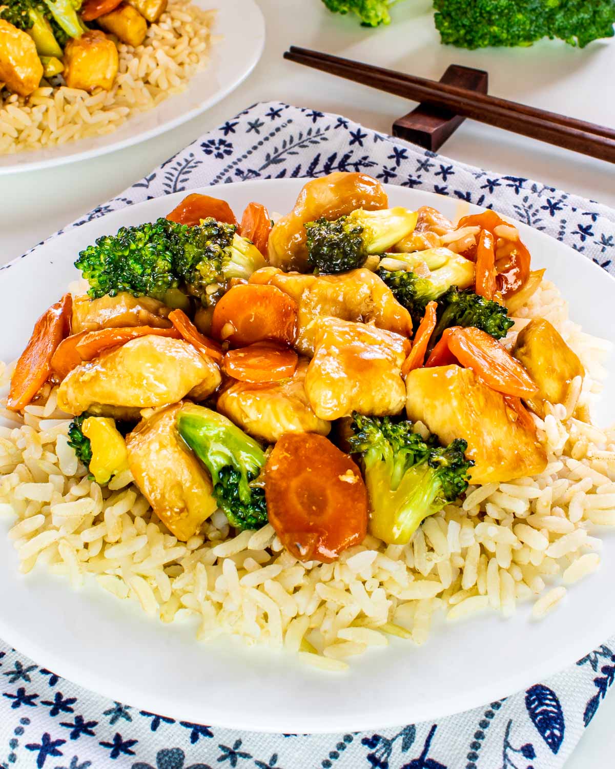 chicken stir fry over rice in a white dish.
