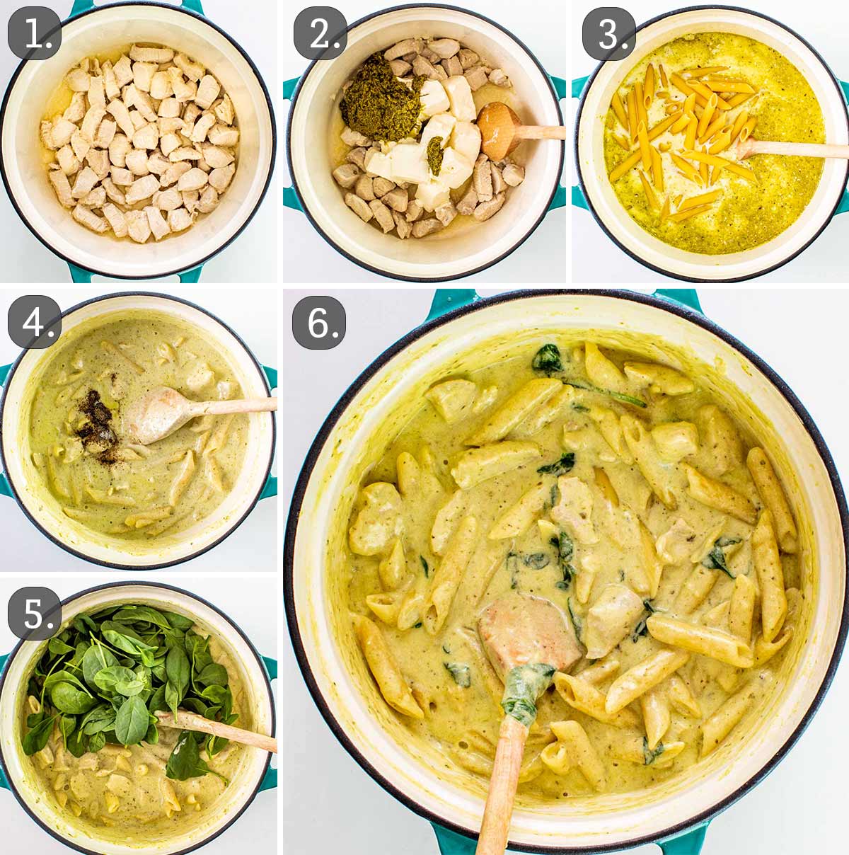 detailed process shots showing how to make creamy pesto chicken pasta.