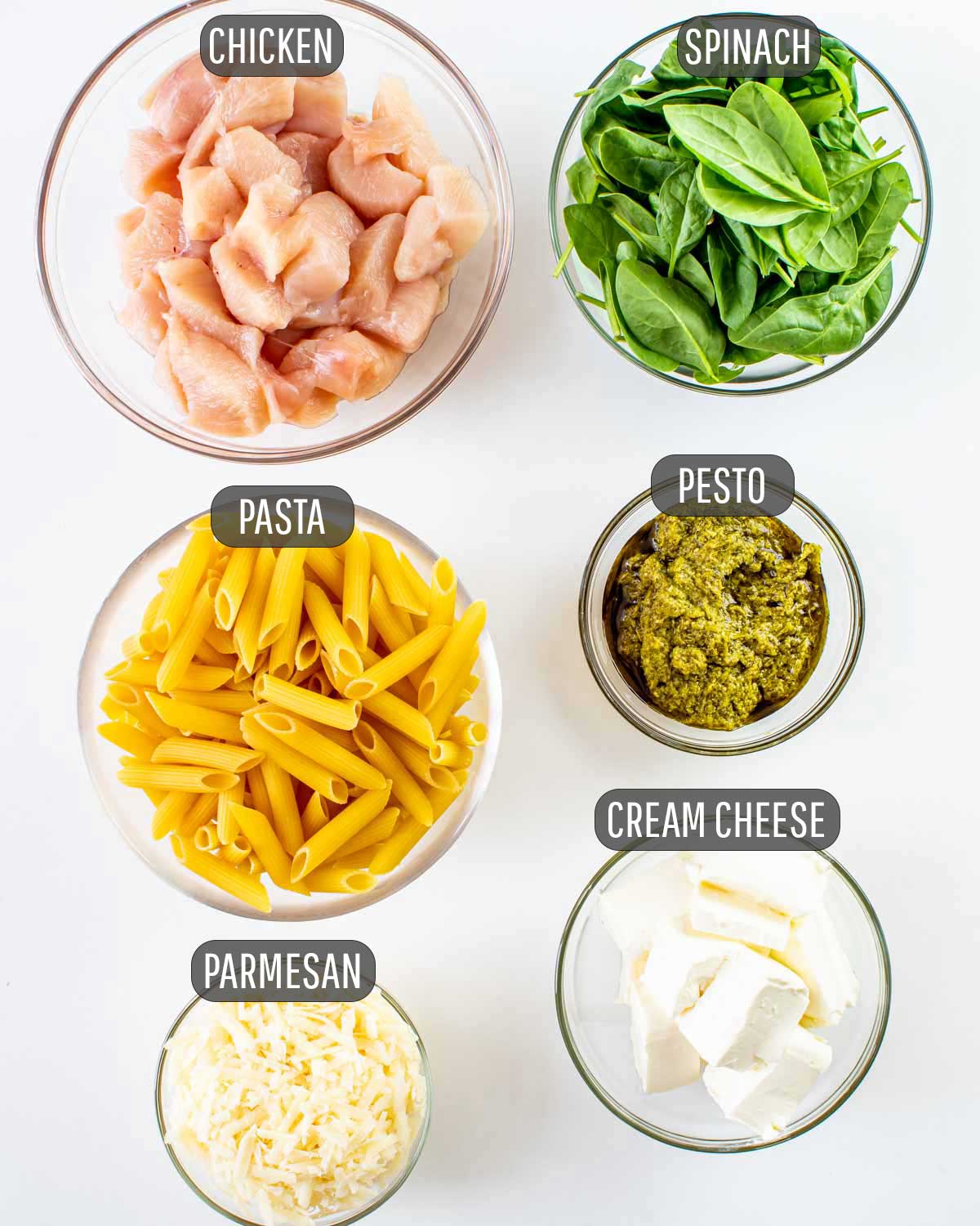 ingredients needed to make creamy pesto chicken pasta.